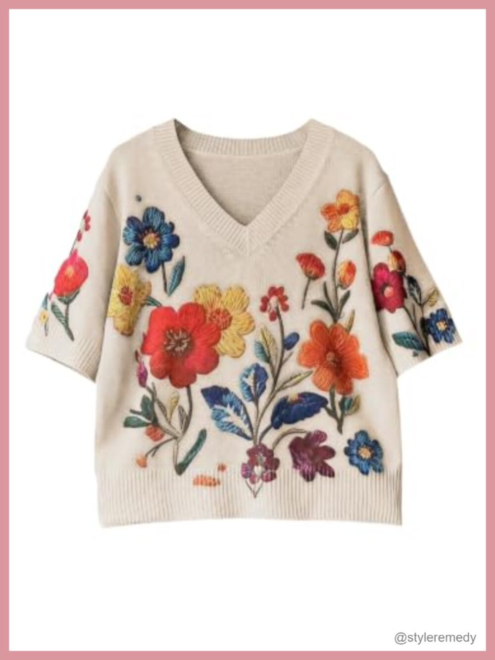 Floral Short Sleeve Knit Sweater V Neck Boho Vintage Top
